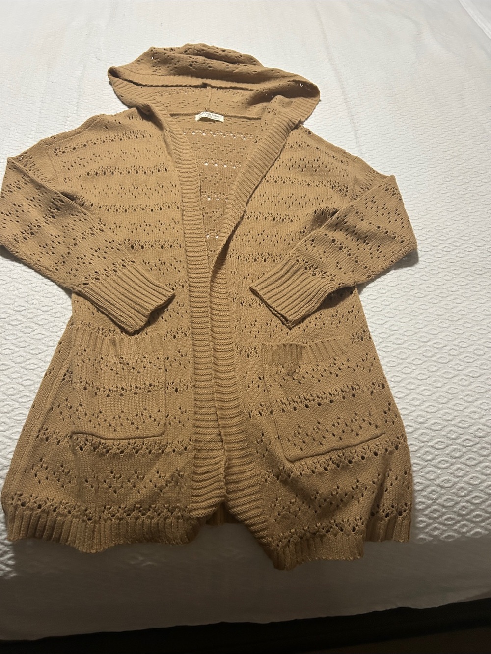 Hooded Open-Front Pointelle Knit Cardigan Sweater - Tan